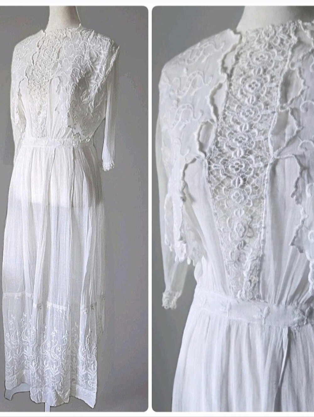 Antique Edwardian Embroidered Cotton Dress, Floral, 0/2